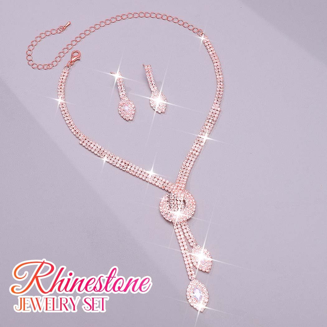 Unicra Pink Rhinestone Bridal Wedding Jewelry Set Crystal Necklace Earrings Sets Formal Prom Costume Jewelry Sets for Women and
