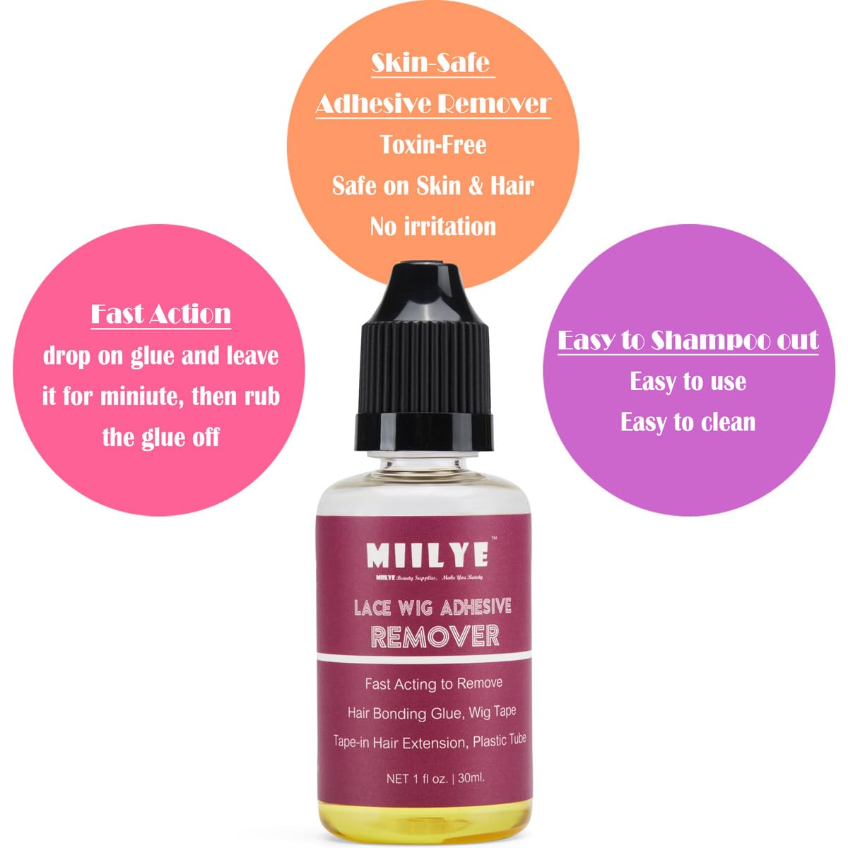 Miilye Wig Glue Remover X 2 Bottles, Tape In Hair Extensions Remover |Solvent For Adhesive Residue, Lace Front Wig |Poly Hairpie