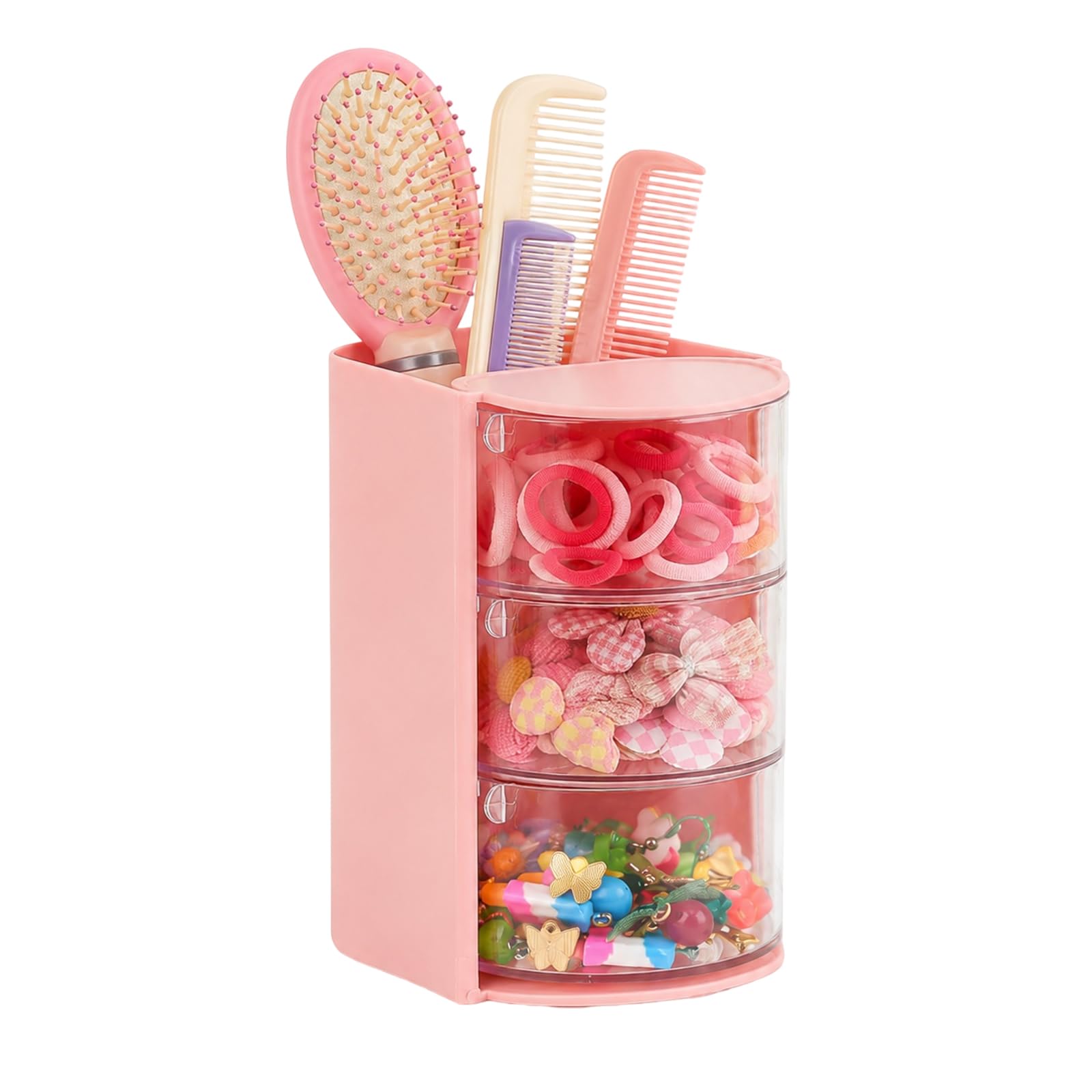LUXBRILENT Hair Accessories Organizer with Hair Brush Holder, 3Layer Rotatable Acrylic Storage Box for Hair Clips, Necklaces, B