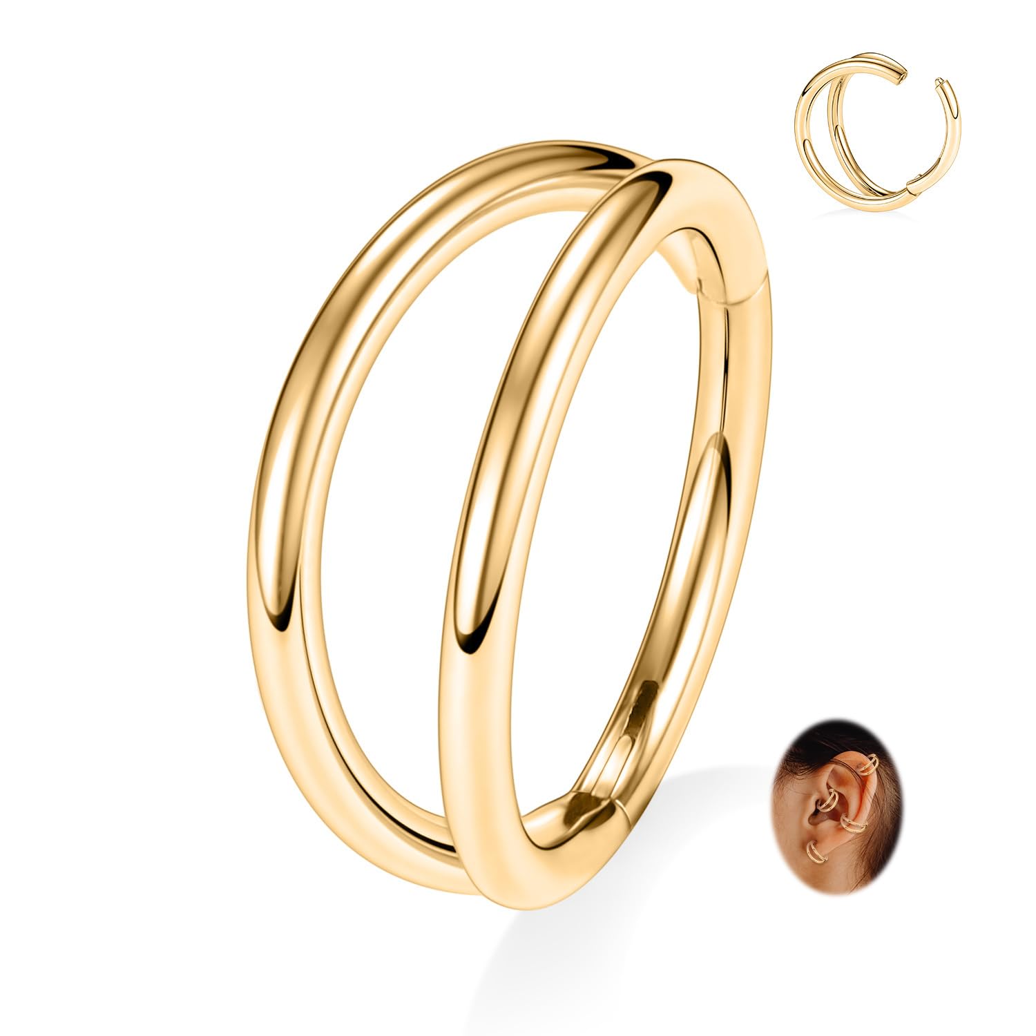 FUNLMO Conch Helix Tragus Rook Daith Nose Ring - Gold Septum, Double Hoop, Cartilage Hoop Earring - 316L Surgical Steel - 16G, 1