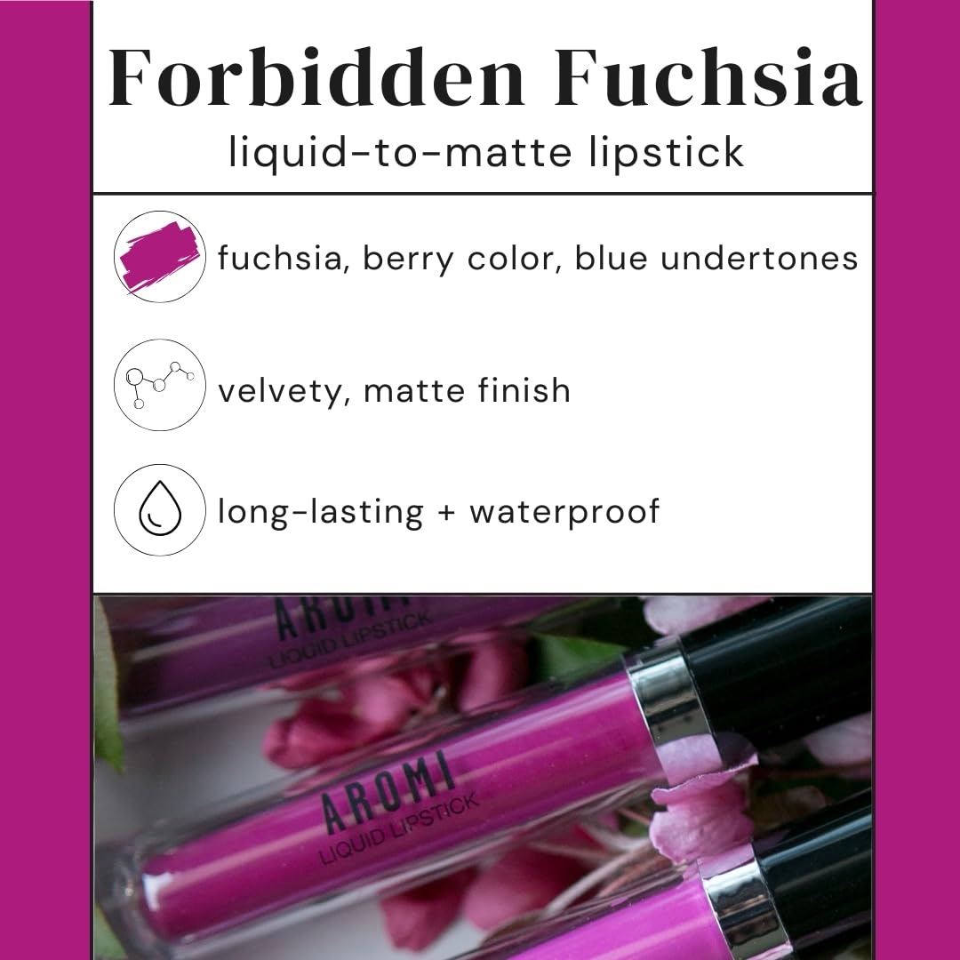 Aromi Matte Liquid Lipstick | Long-Lasting, Smudge Proof, Purple Magenta Lip Color, Waterproof, Pink Raspberry, Paraben, Phthala