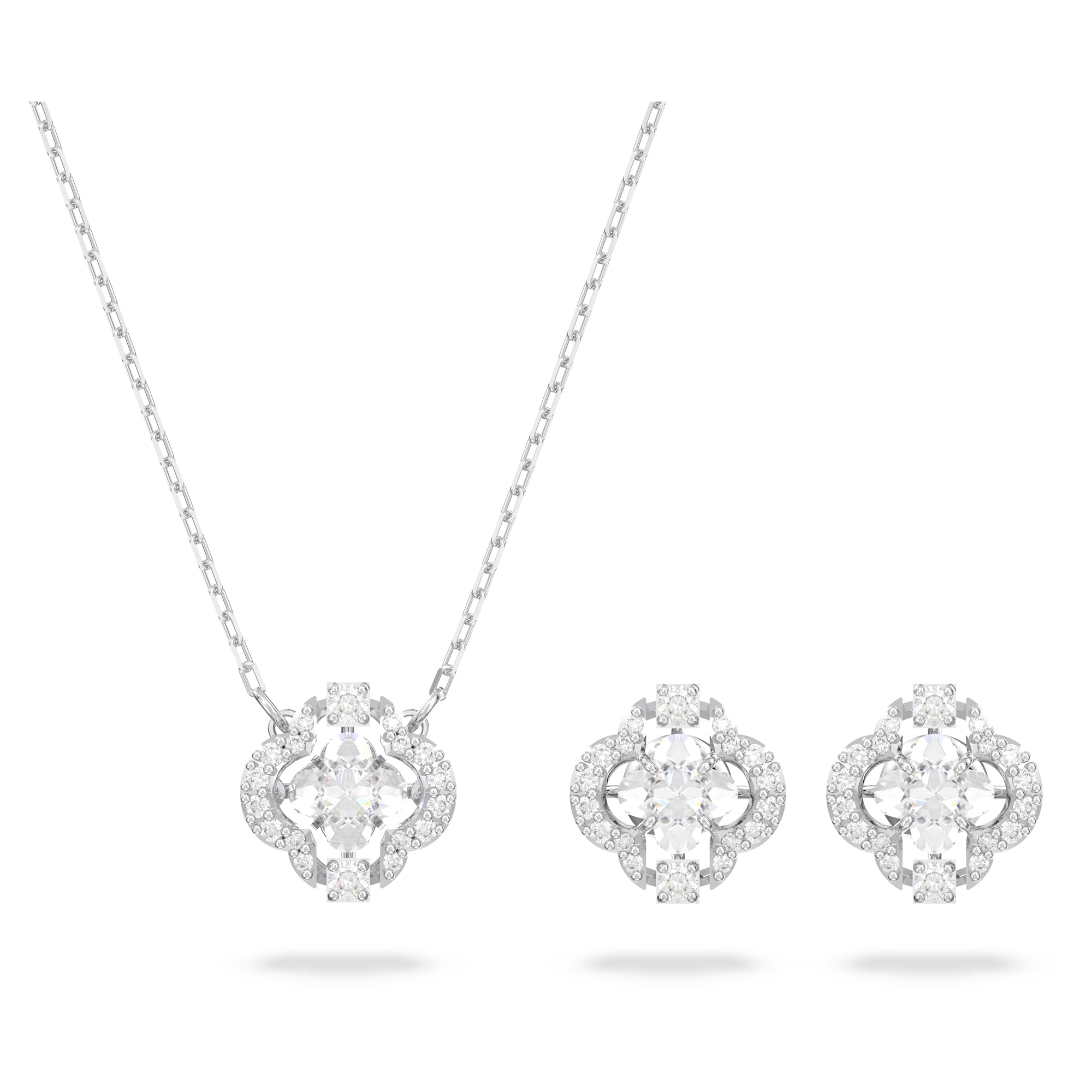 SWAROVSKI Sparkling Dance Set, Necklace and Stud Pierced Earrings Set with White Crystal and Matching Pav   on a Rhodium Finish 