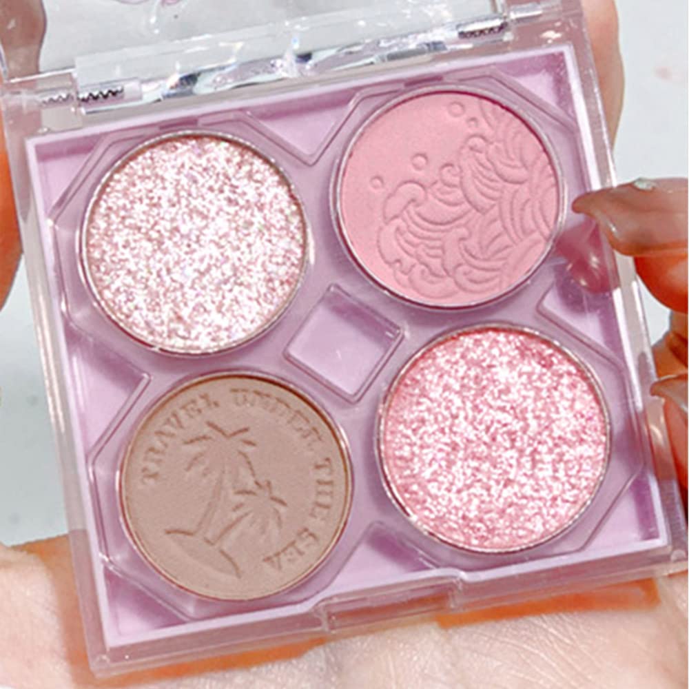 Pink Mini Eyeshadow Palette Glitter Eye Shadow Makeup 4 Colors ,Warm Brown Pink Eyeshadow Shiny Sparkle Shimmer Glitter Eyeshado