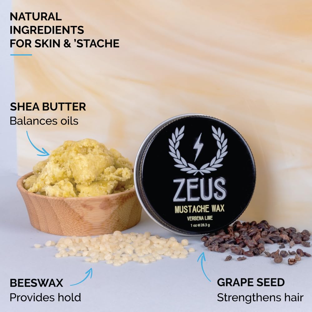 ZEUS Mustache Wax - Natural Shine, Moisturizing, Conditioning & Styling Mustache Wax, Light-Medium Hold - MADE IN USA (3 PACK)