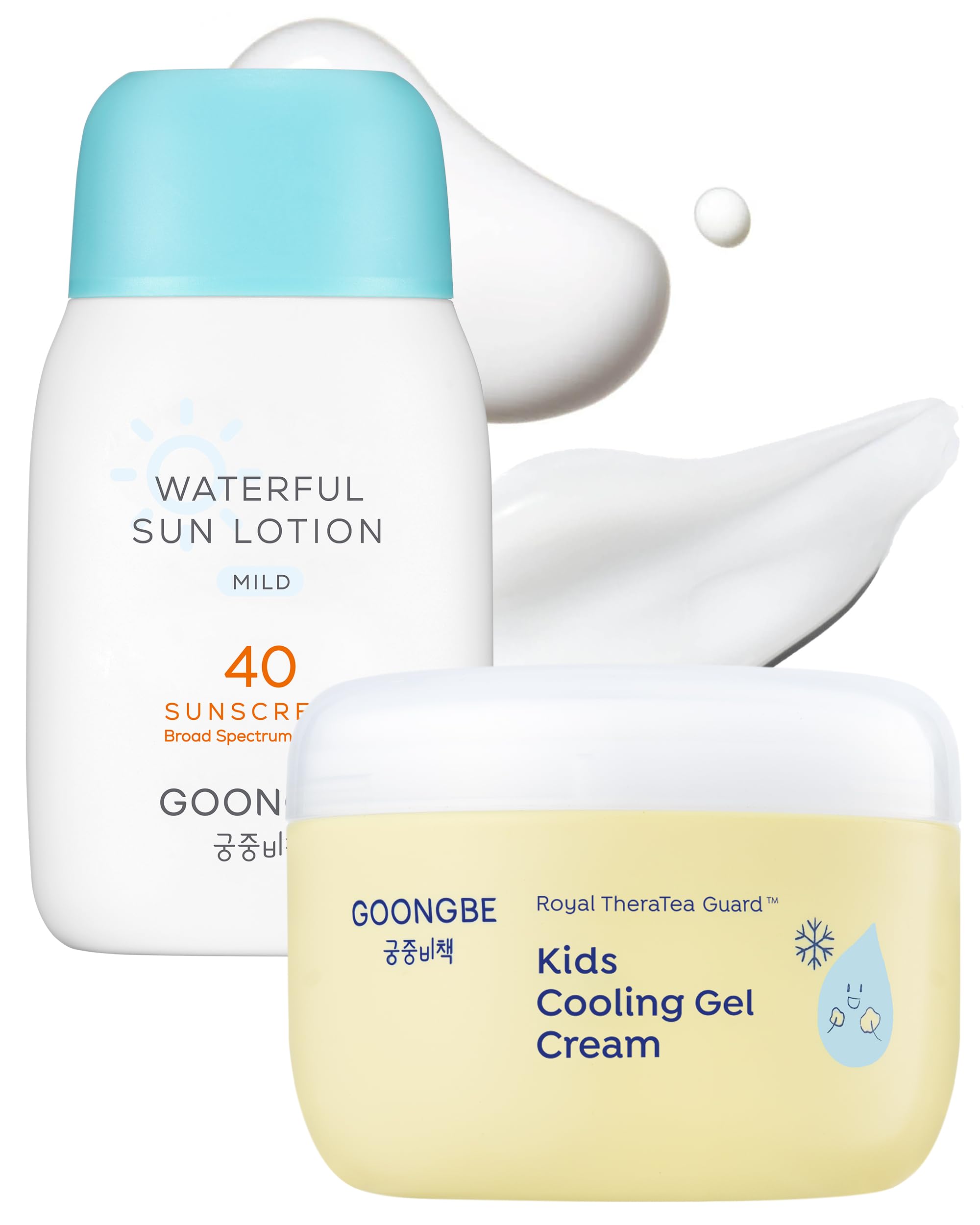 GOONGBE Kids Sun Lotion SPF 40 & Cooling Gel Cream - Zinc Oxide Mineral Sunscreen & 3-Second Soothing Relief - Korean Skincare f