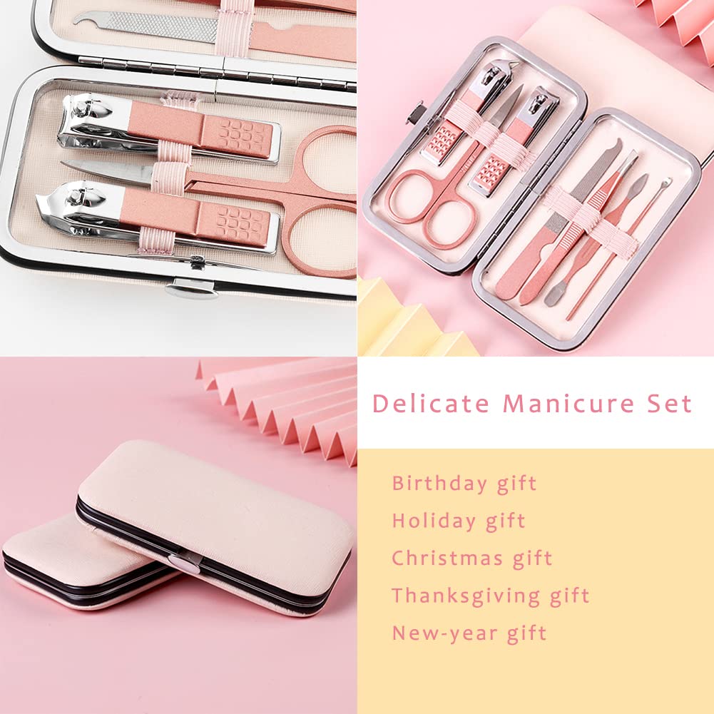 Pink Manicure Set Beauty Tool Portable - Nail Clipper Pedicure Grooming Kit Stainless Steel 7 In 1 Luxury Leather Travel Case, F