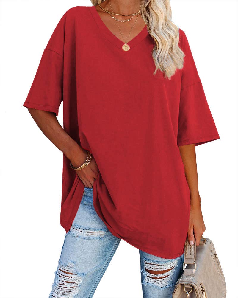 Ebifin Womens Oversized T Shirts Tees Half Sleeve V Neck comfy cozy cotton Tunic Tops