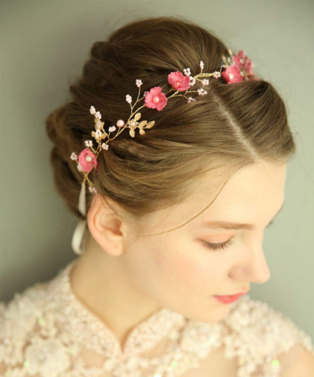 FXmimior Bridal Floral Cutie and Elegant Headband Vintage Flower Women Pearls Tiara Headpiece Wedding Hair Accessories (Gold)