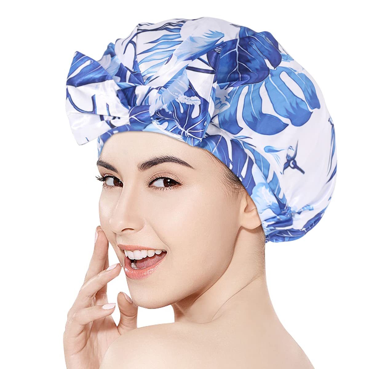 Auban Luxury Shower Cap Reusable Waterproof For Women Sequin Lined Hair Cap For Shower Plastic Cap For Long Hair Large Double La