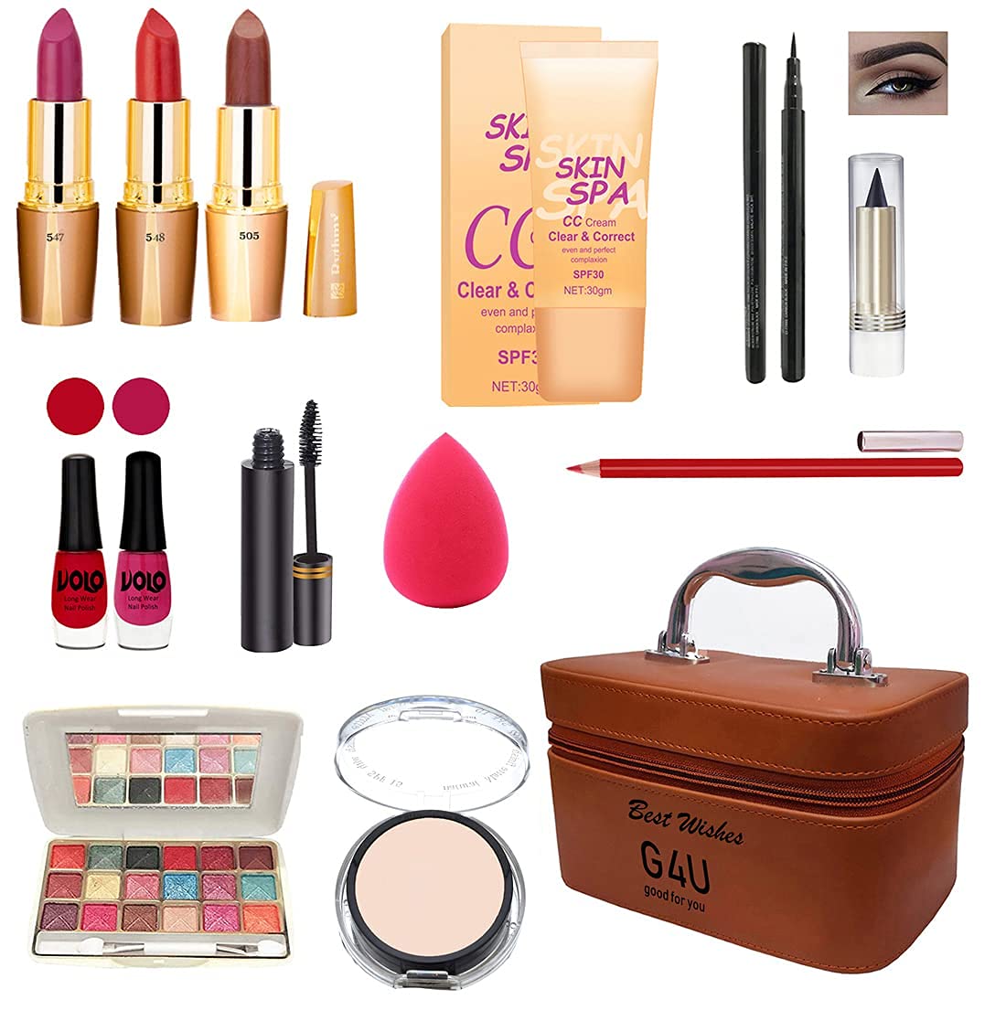 G4U All In One Makeup Kit Of Eyeshadow, Eyeliner Pen, Foundation, 3 Lipsticks, Kajal, Lip Liner, Puff, Mascara, 2 Nail Polish, C