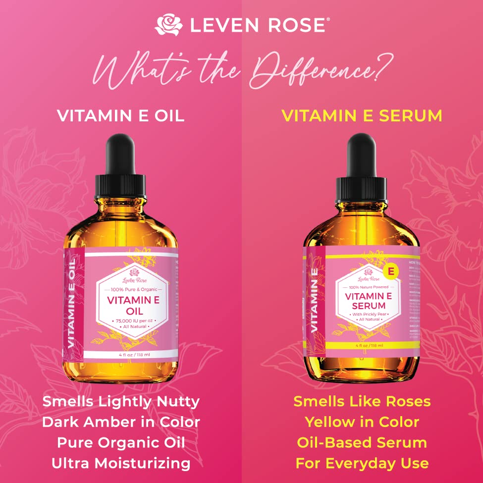 Leven Rose Pure Vitamin E Oil 75,000 Iu Per Oz 100% Natural, Organic For Skin, Face, Hair, Nails, And Scars, 4 Oz