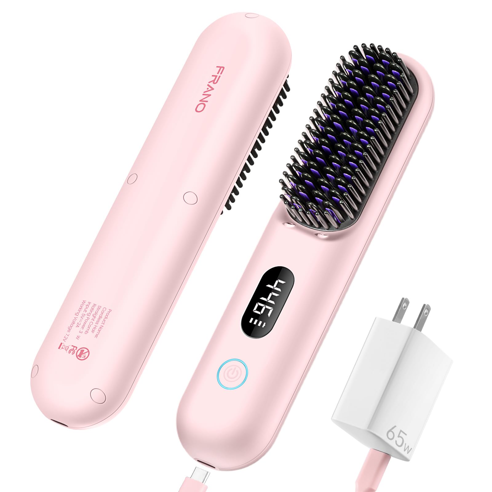 Cordless Hair Straightener Brush, Portable Straightening Brush for Travel, Mini Ionic Hot Comb Straightener with 9 Temperature S