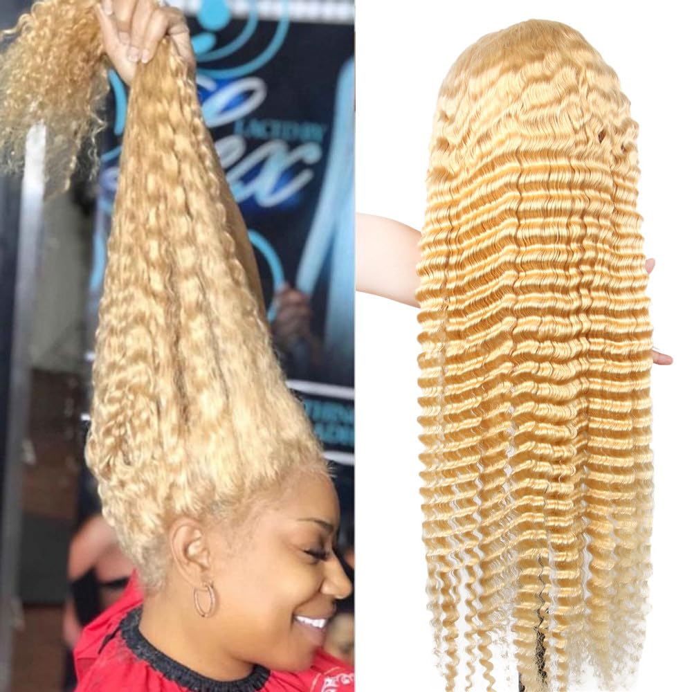 SUPSYOUSF 34 Inch 613 Blonde Lace Front Wig Human Hair - Deep Wave, 13x4 Transparent Lace, 180 Density, Free Part, Pre-Plucked w
