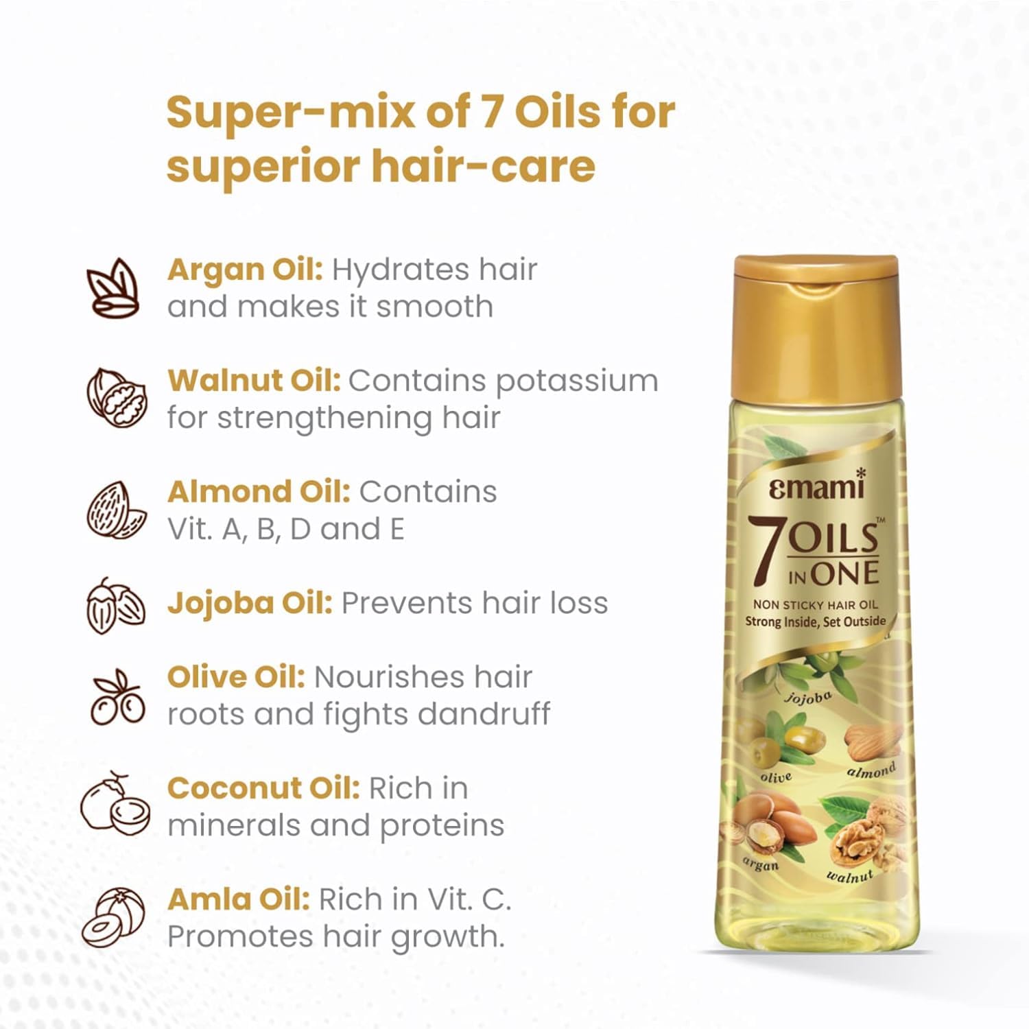 Emami 7-in-1 Hair Oil with Ayurvedic Herbs, Repairs Damage & Nourishes Scalp, 3.38 Fl Oz (100ml)