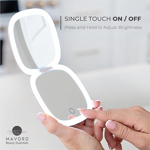 Mavoro LED Lighted Travel Makeup Mirror, Rechargeable, 1x/10x Magnification - Daylight LED, Pocket or Purse Mirror, Small Travel