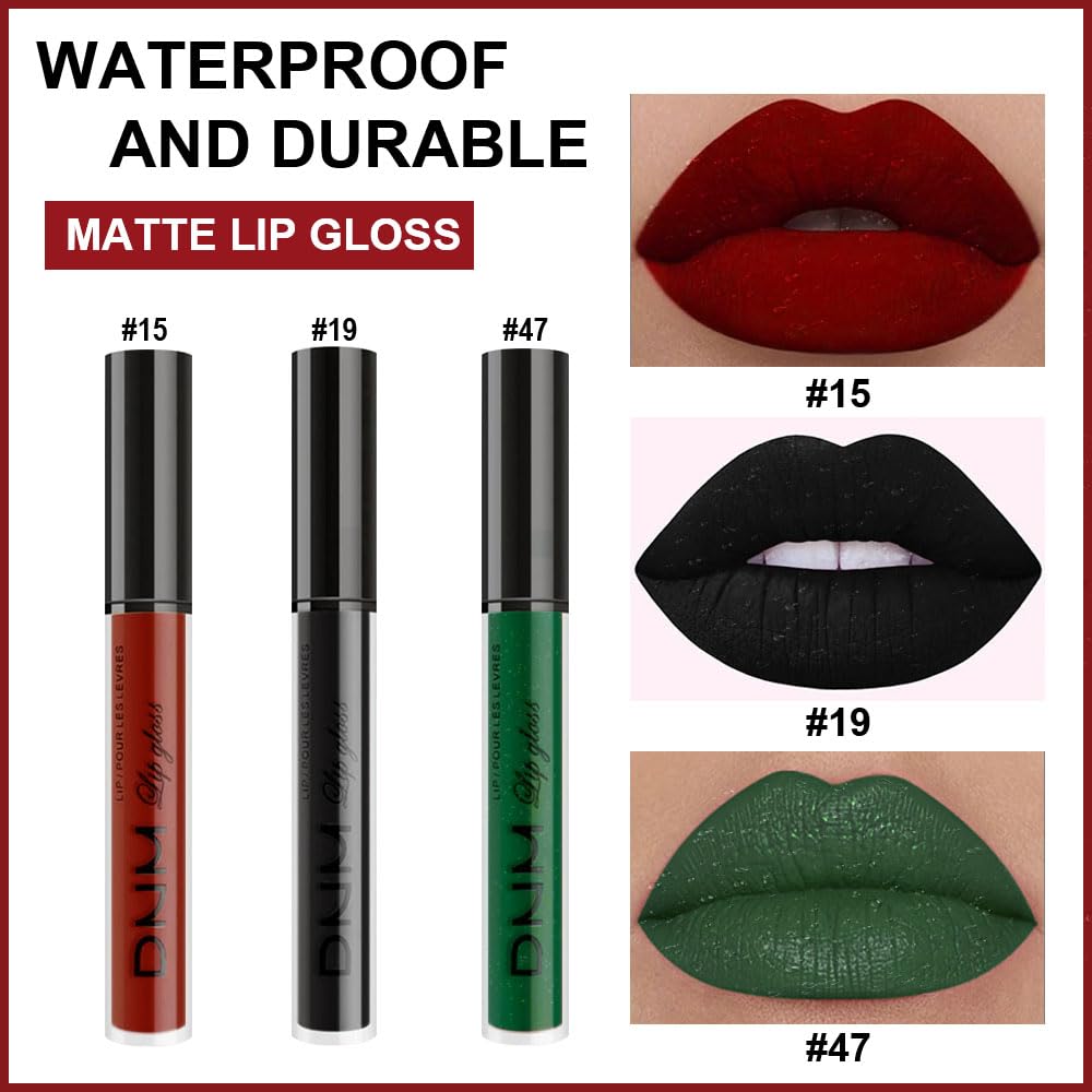 Evpct Dnm 3Pcs Dark Black Emerald Green Red Matte Liquid Lipstick Lip Stain Sets For Women Matte+Lipstick Long Lasting 24 Hr Hou