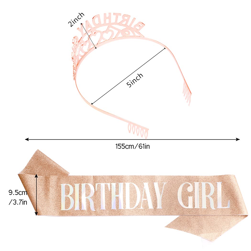 Birthday Girl Crown,CIEHER Birthday Girl Sash & Rhinestone Rose Gold Tiara Kit,Tiaras and Crowns for Women,Princess Elegant Crow