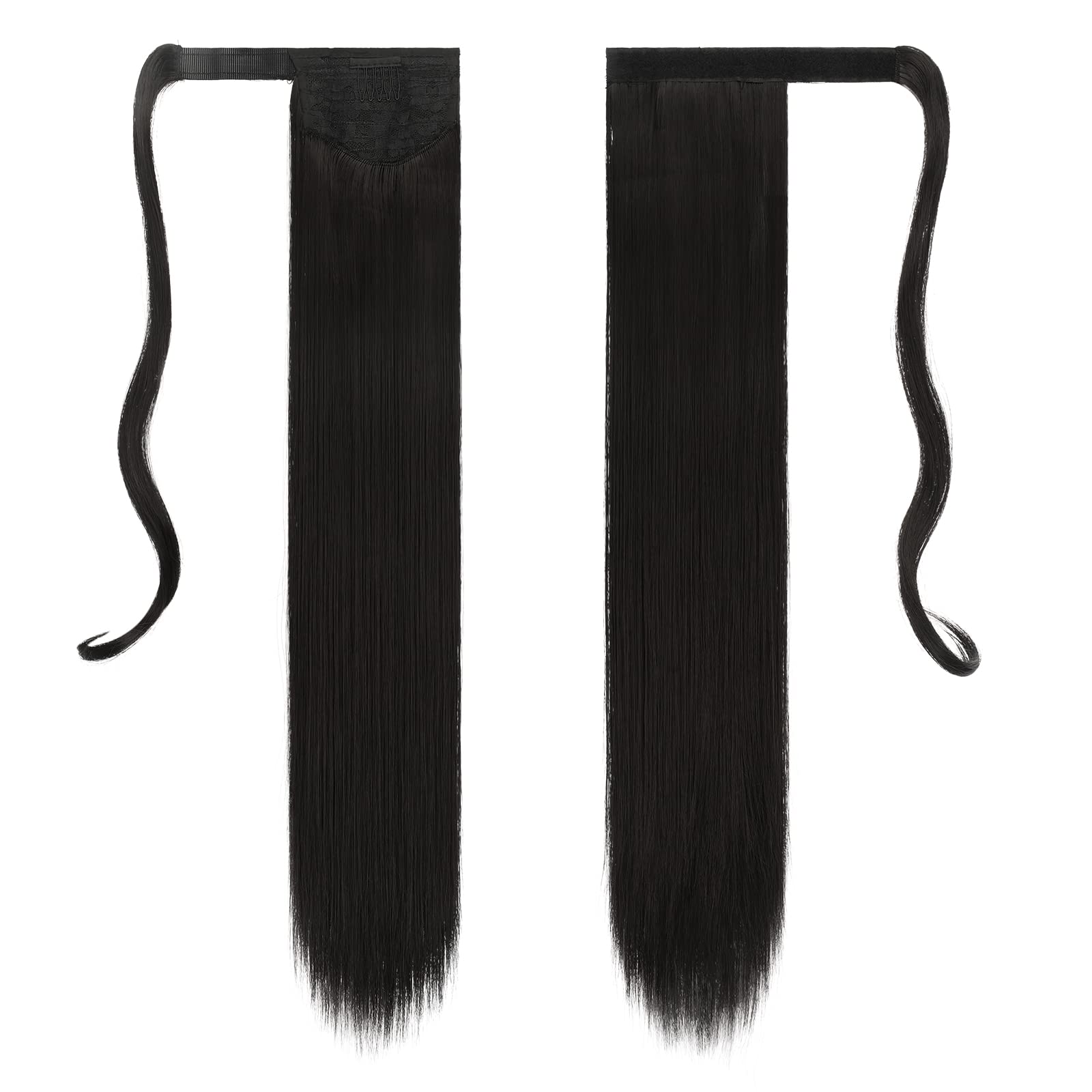 Feshfen Straight Long Ponytail Extensions 28 Inch Wrap Around Synthetic Natural Black Ponytails Hair Piece Pony Tail Hair Extens
