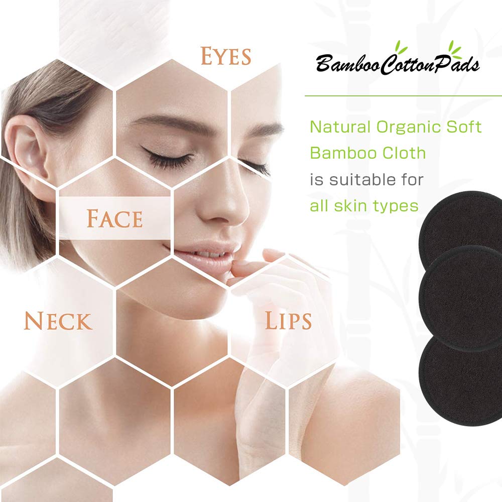 Reusable Makeup Remover Pads Black Washable - 10 Pack Organic Cotton Rounds For Face Eye With Laundry Bag, Facial Cleansing Clot