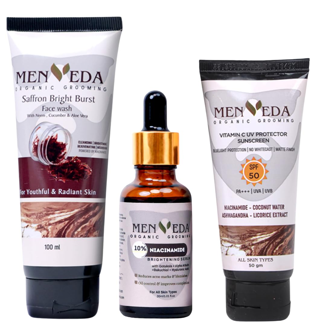 Menveda Grooming Kit For Men (Pack Of 3) | Face Wash 100Ml, Niacinamide Serum 30Ml & Sunscreen 50G Skincare Routine For Men | No