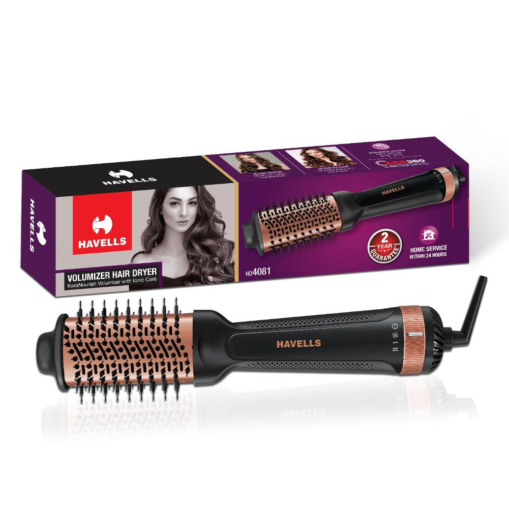 Havells Hd4081 Professional Volumizer Hair Dryer, Keranourish Ceramic Coating Brush Head, 1200 Watts, Ionic Care, Nylon Bristles