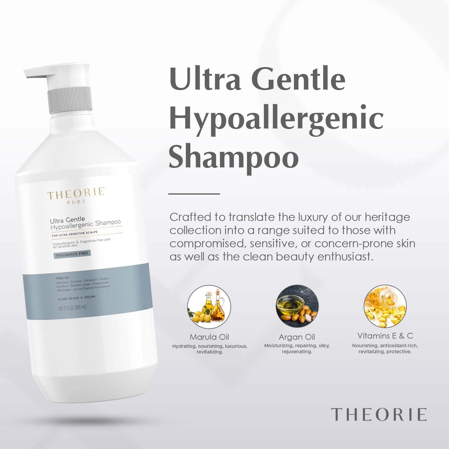 Theorie Pure Ultra Gentle Hypoallergenic Shampoo -Plant Based & Vegan - Soothes, Itchy & Allergy Prone Skin- Fragrance Free -Sui