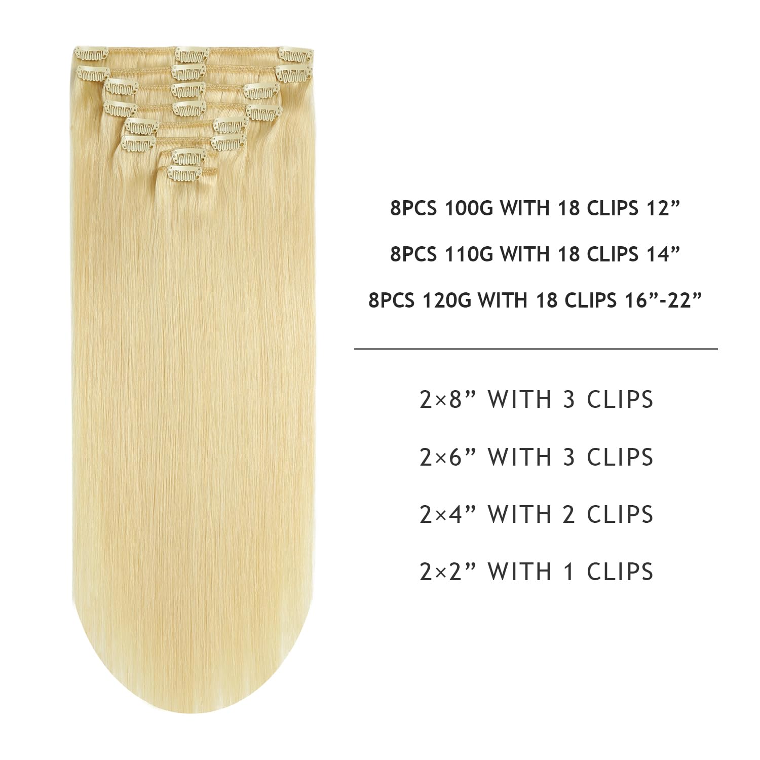 Yilite Clip in 18 Inch 120g 8pcs Real Human Hair Natural Silky Double Weft Hair Extensions (18inch #613 Bleach Blonde)