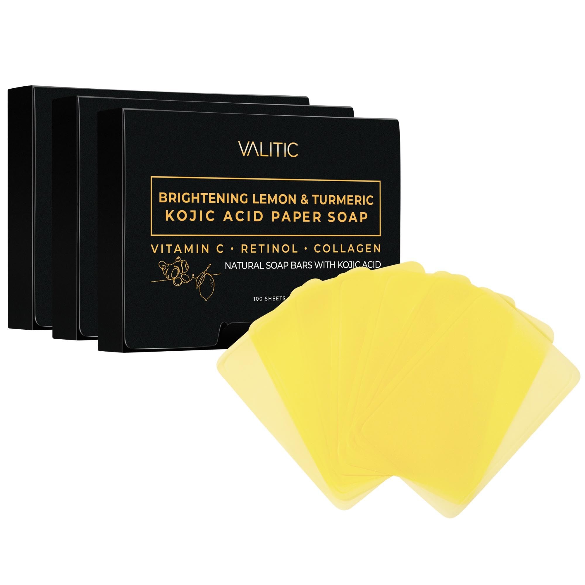 VALITIC Brightening Lemon Turmeric Kojic Acid Paper Soap - Vitamin C, Retinol, Collagen - Original Japanese Complex - Hyaluronic