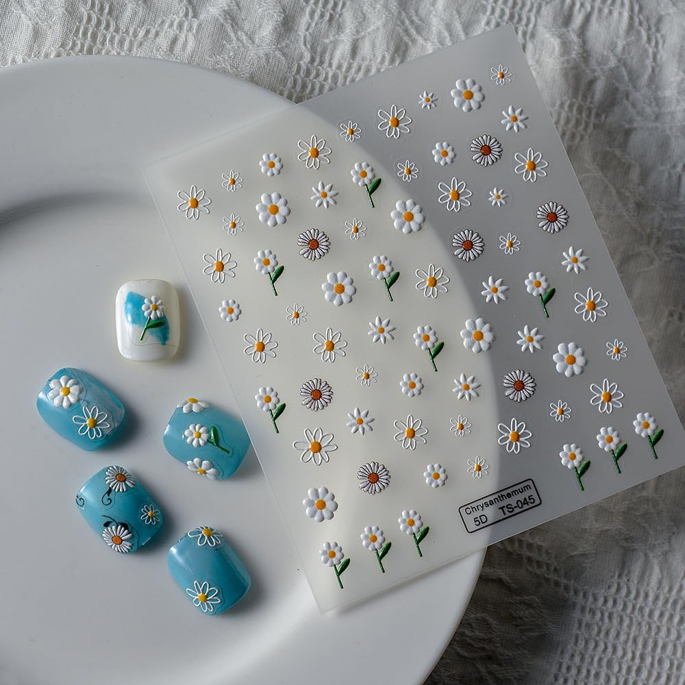 Flower Nail Art Stickers 5D Embossed White Daisy Nail Stickers Self-Adhesive Flower Nail Decals For Women Girls Daily Wear Manic