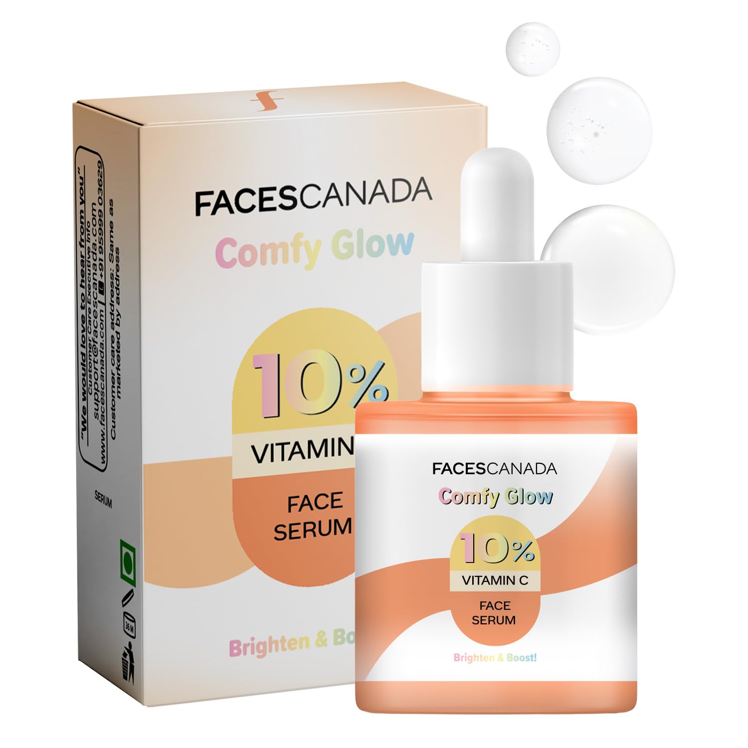 Faces Canada Comfy Glow 10% Vitamin C Face Serum  30Ml | Brightens Complexion | Dark Spot Reduction | Lightweight | Prevents Pr