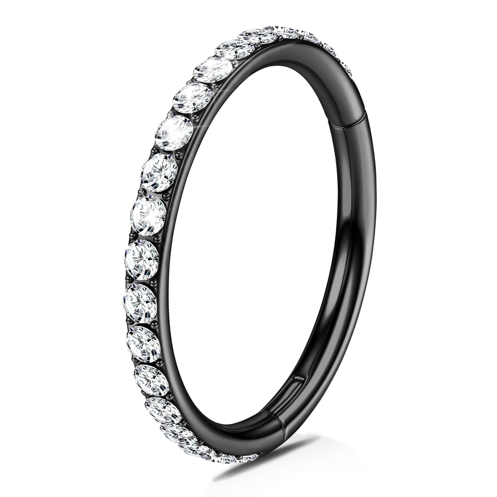 Black 9MM Hoop Nose Rings: 316L Surgical Steel Hinged 18G Nose Hoop Diamond Cubic Zirconia for Women and Men Body Pierecing Ring