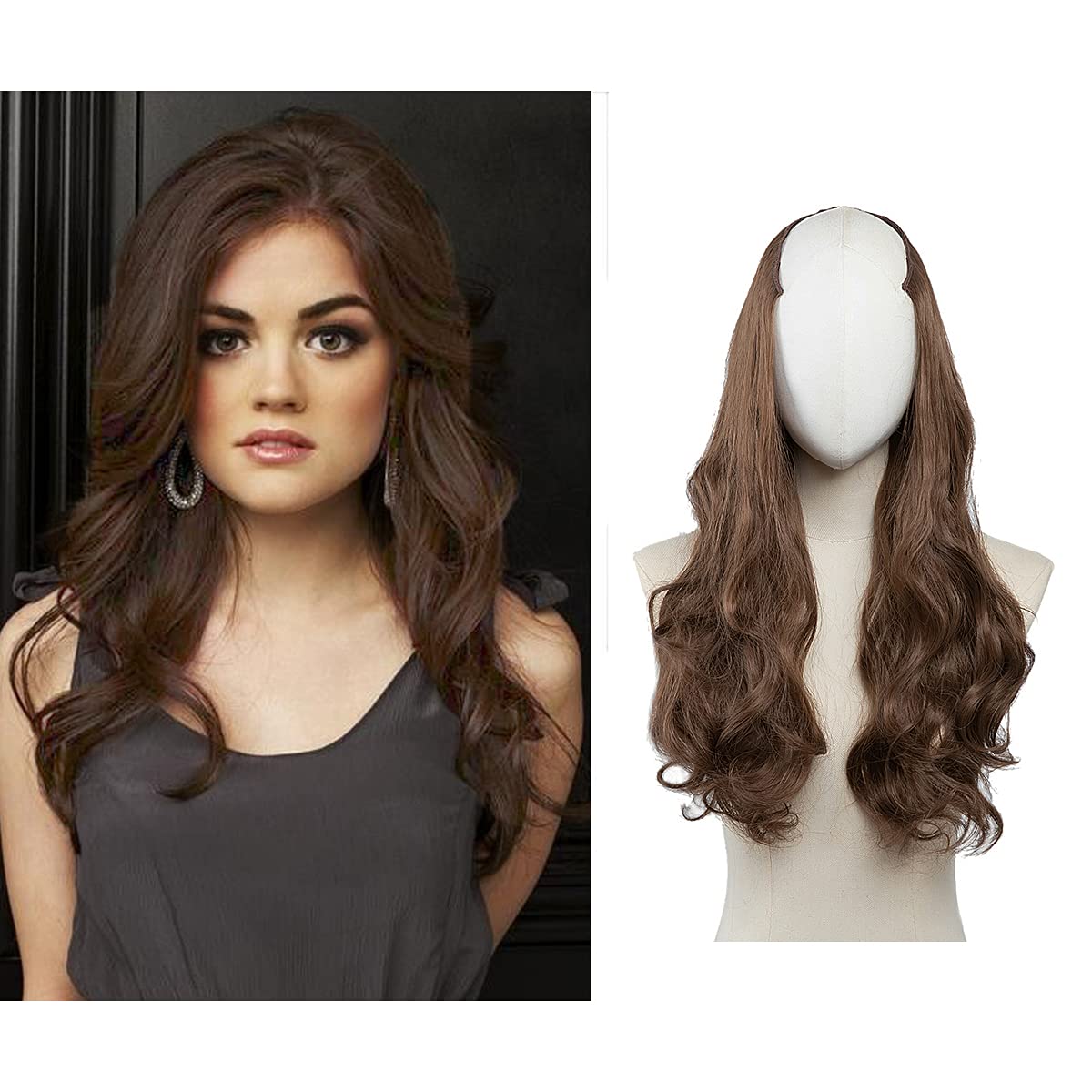 Sarla Medium Brown U Part Hair Extensions Clip In Full Head Long Curly Wave Synthetic Hairpiece For Women 24 Inch