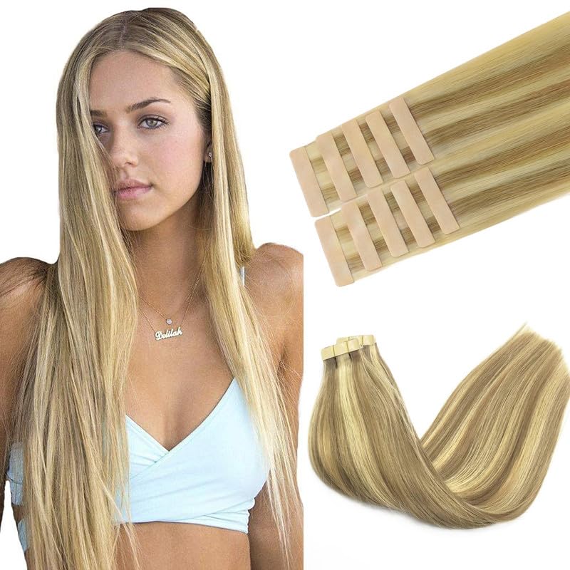 Goo Goo Tape In Hair Extensions Human Hair, 16/22 Light Blonde Highlighted Golden Blonde, 18Inch 25G 10Pcs, Thick Ends Straight
