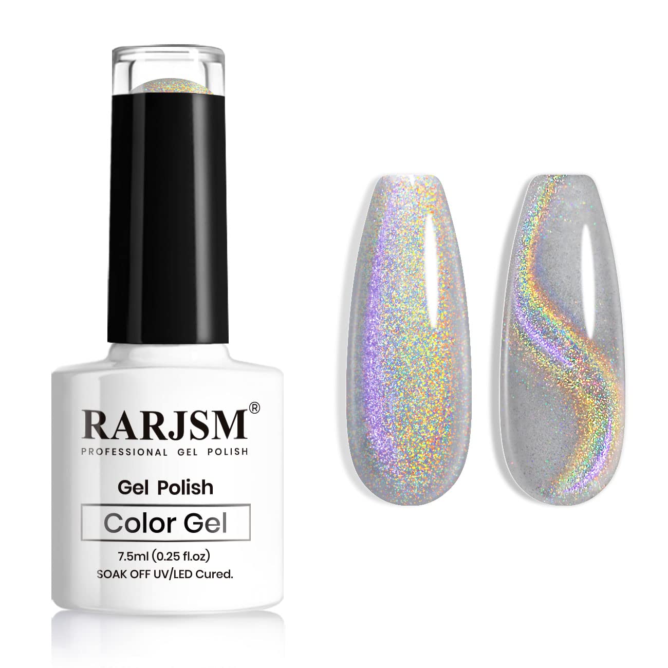 Rarjsm Silver Holographic Glitter Gel Cat Eye Gel Nail Polish, Gel Polish Galaxy Rainbow Effect Universal Without Magnet Soak Of