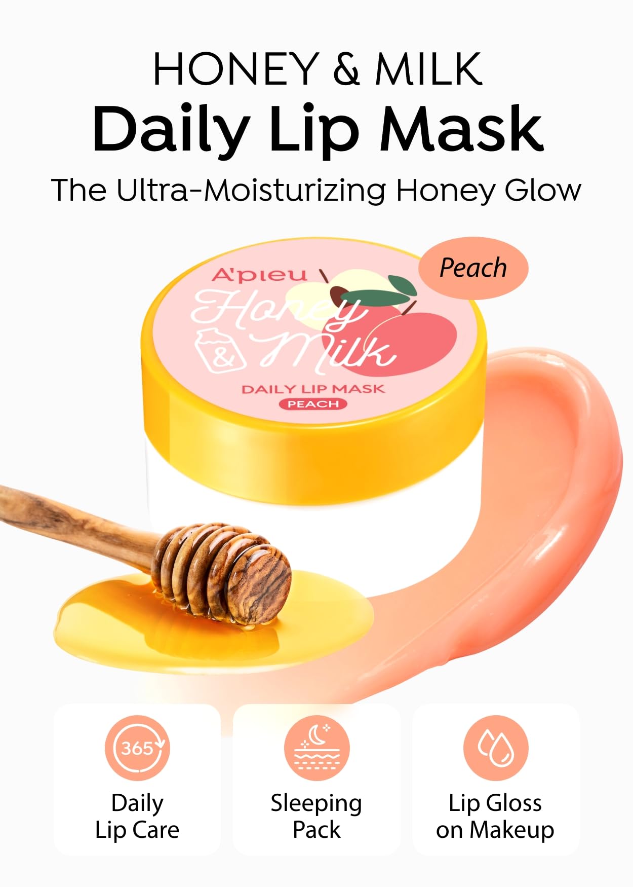 A'PIEU Honey & Milk Daily Lip Mask (Peach) - Nourishing Overnight Korean Lip Mask | Hydrating Lip Moisturizer with Honey, Propol
