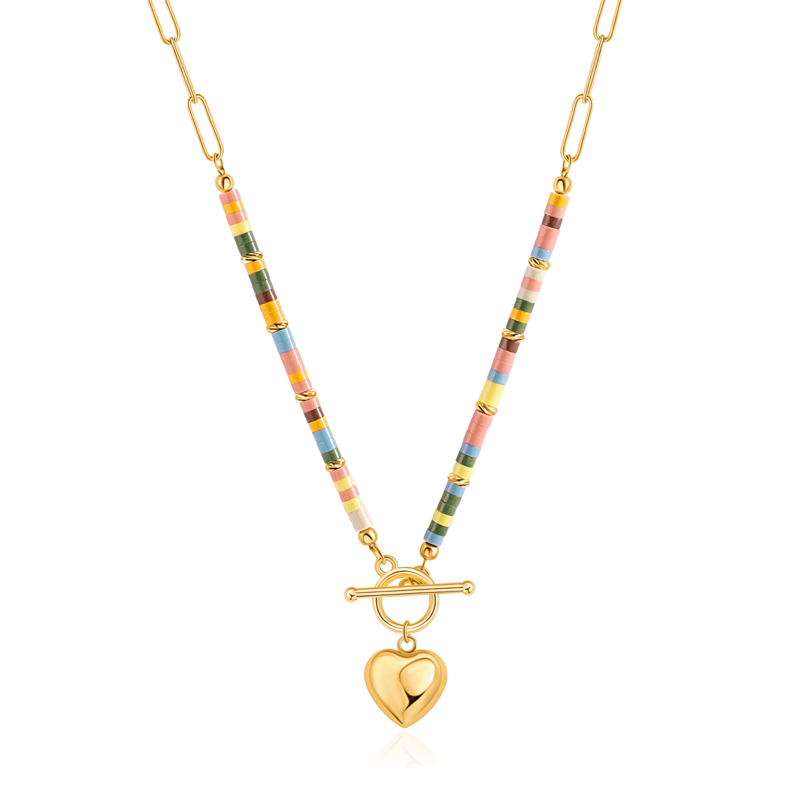 Aobei Pearl 18K Gold Puffy Love Heart Pendant Necklace, Bohemian Colorful Lava Clay Beads on Paperclip Chain Necklace, Handmade 