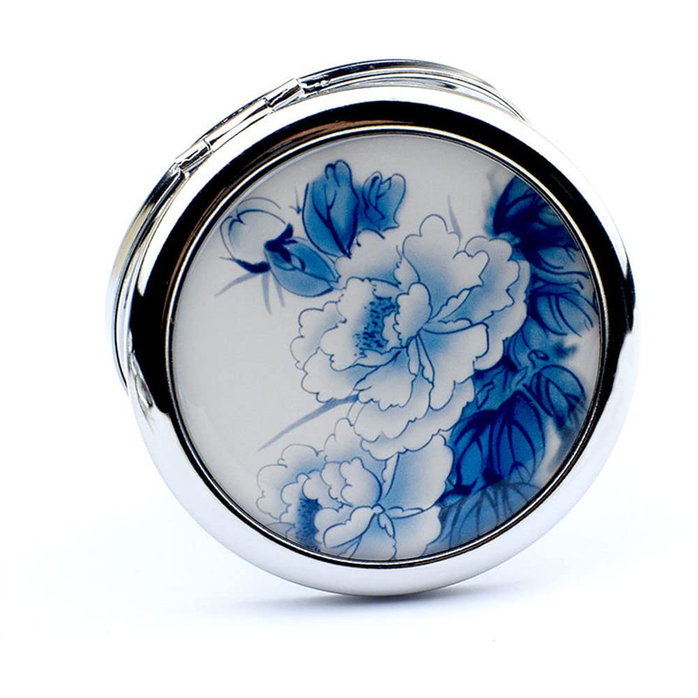 Mpowtech Blue Magnifying Compact Mirror For Purse - 1X/2X Magnification Travel Makeup Mirror,Small Flower Pocket Mirror,Handheld