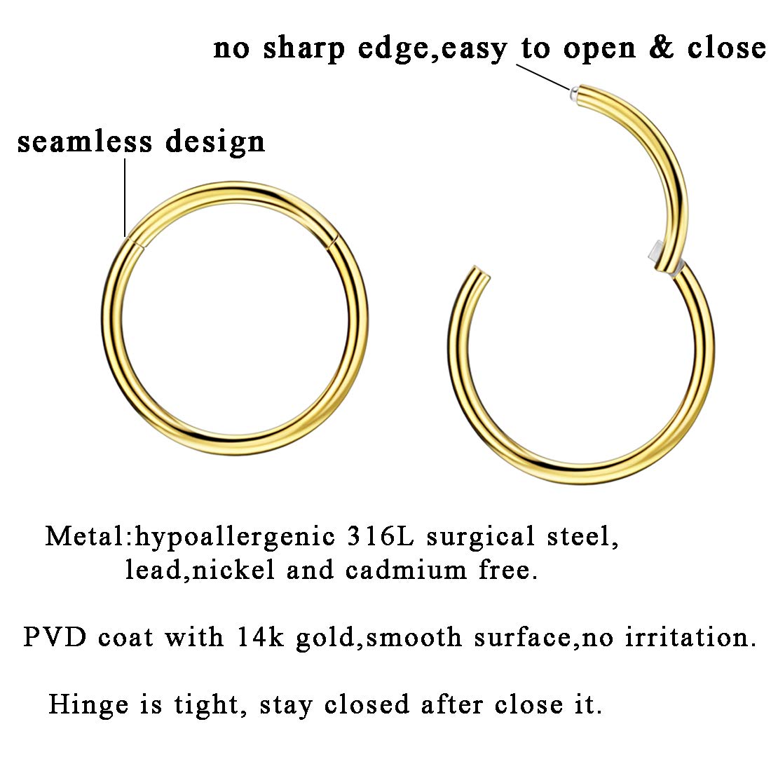 JOFUKIN 12g Gold Plated Nose Rings - 10mm 12 Gauge Hoops for Men - Surgical Steel, Hypoallergenic - Body Piercing Rings for Lobe