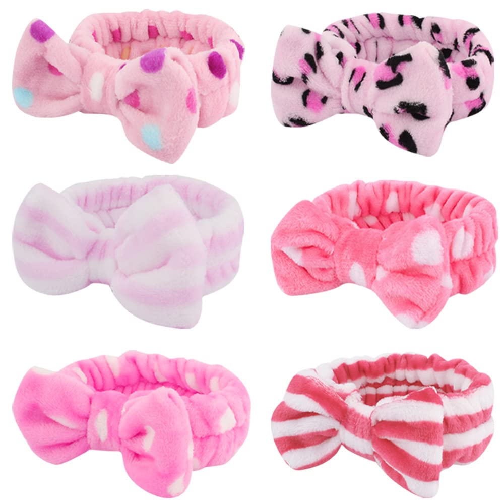 WHAVEL 6 Pack Pink Spa Headbands, Makeup Headbands Skincare Headbands Microfiber Bow Headbands Leopard Stripe Polka Facial Headb