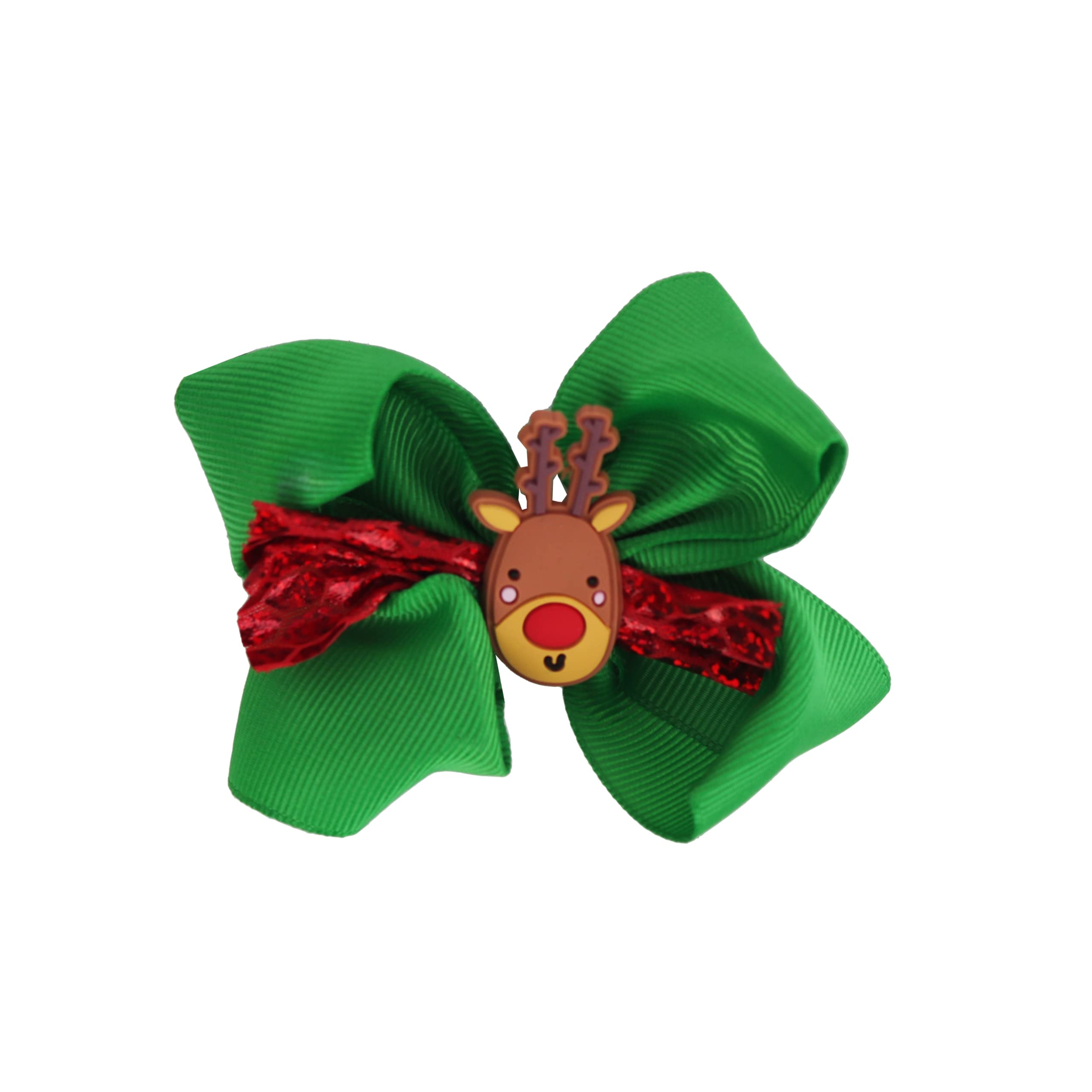 Hair Bow Printed Christmas Bow with Silicone Charm - Red Layer Reindeer
