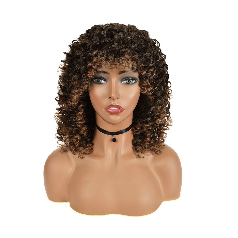 Rosmile Curly Wigs For Black Women - Ombre Brown #4T30 Synthetic African American Full Kinky Curly Afro Hair Wig With Bangs (Fre