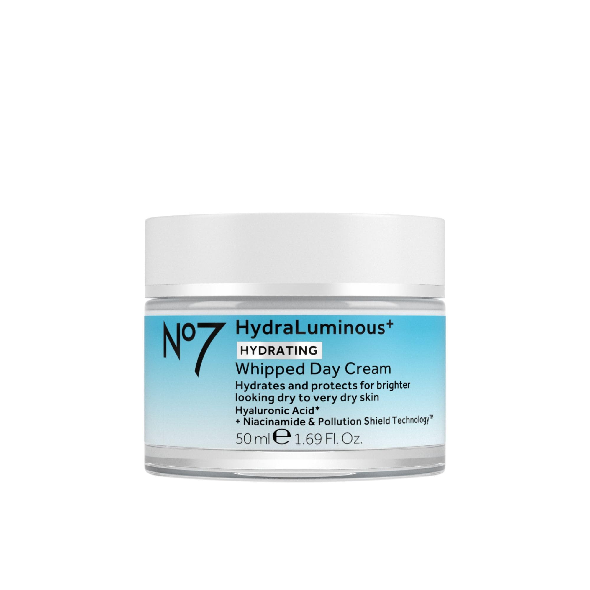 No7 HydraLuminous+ Hydrating Whipped Day Cream - Hyaluronic Acid Facial Moisturizer with 2% Vitamin B3 Niacinamide for Skin Barr
