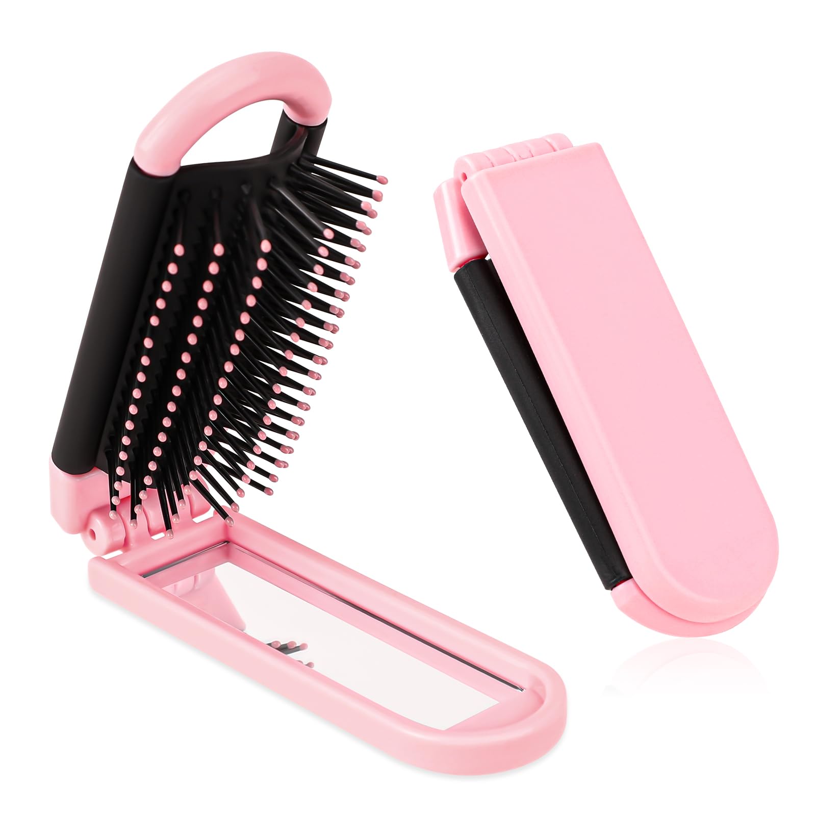 Travel Folding Brush with Mirror by 1 Pack - Collapsible Pocket-Size Massage Comb for Styling, Gym, Trips, Purse, Swimming (Pink