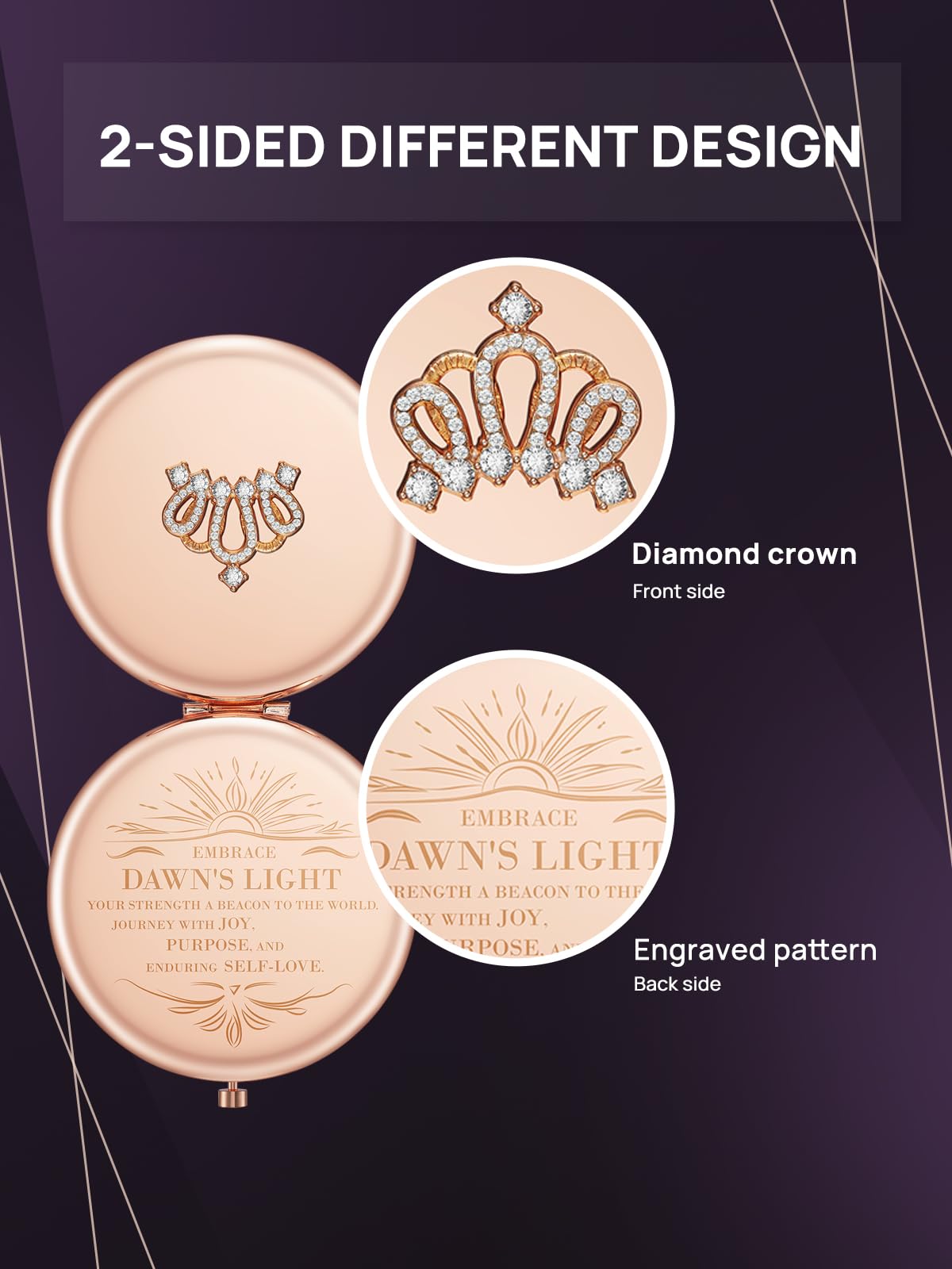 Omiro 1X/10X(300R) Magnifying Compact Mirror, Small Crown Engraved Pocket Makeup Mirror Gift For Her Women Mom(Rose Gold)