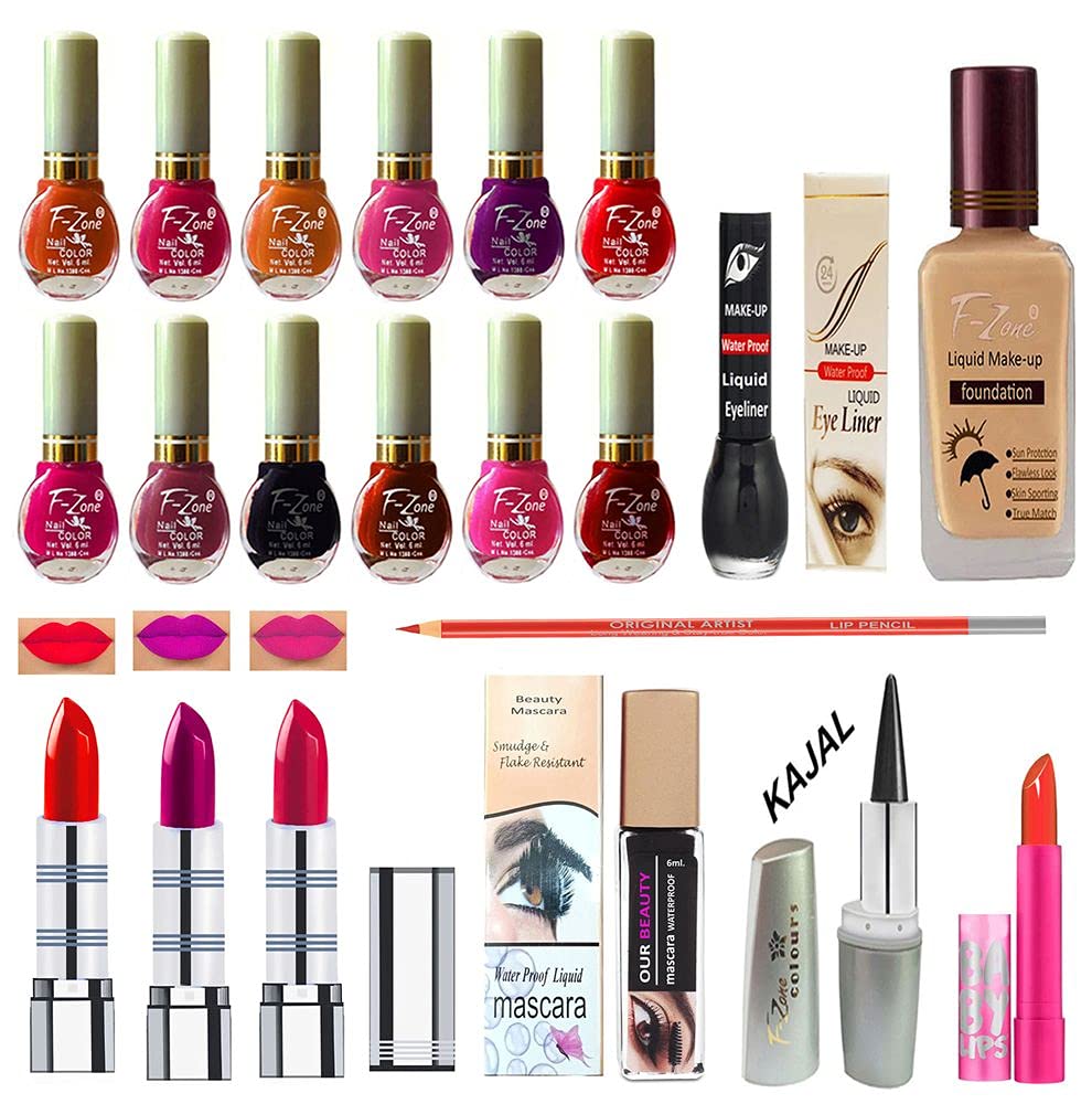 F Zone Makeup Kit With 12 Nail Polish Eye Liner Foundation 3 Lipstick Mascara Lip Balm And Kajal Vc104