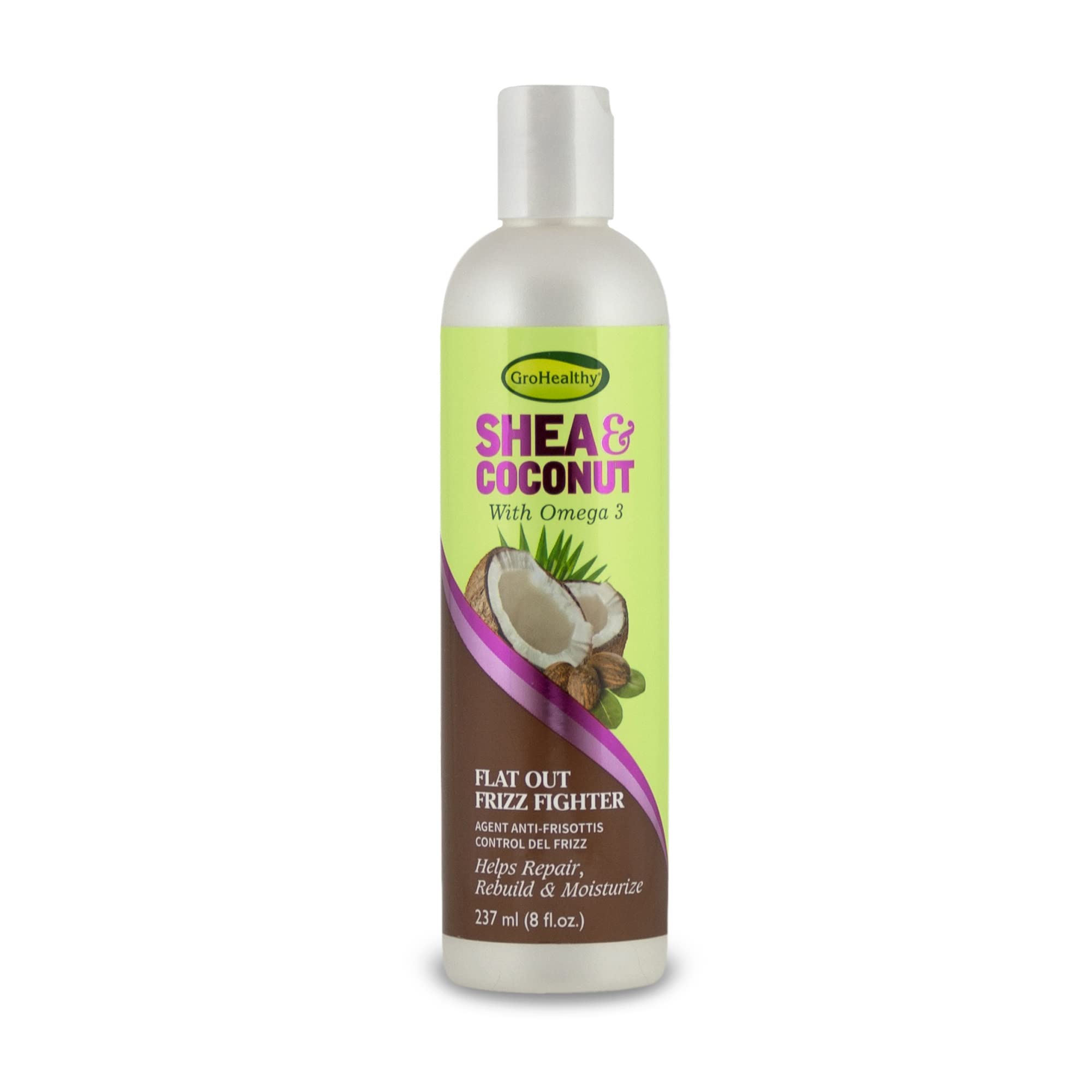 Grohealthy Shea & Coconut Flat Out Fighter Cream For Flyaway & Frizzy Hair - Helps Smooth, Repair, Rebuild, & Moisturize With Om