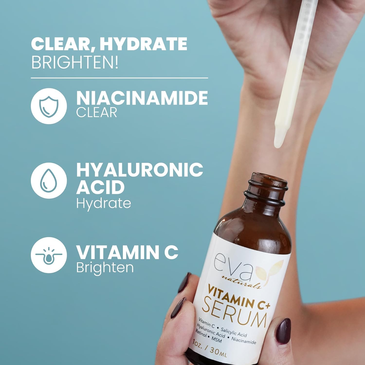 Eva Naturals Vitamin C Face Serum With Hyaluronic Acid - Anti Aging Serum - Reduce Dark Spots, Acne & Wrinkles - Retinol, Niacin