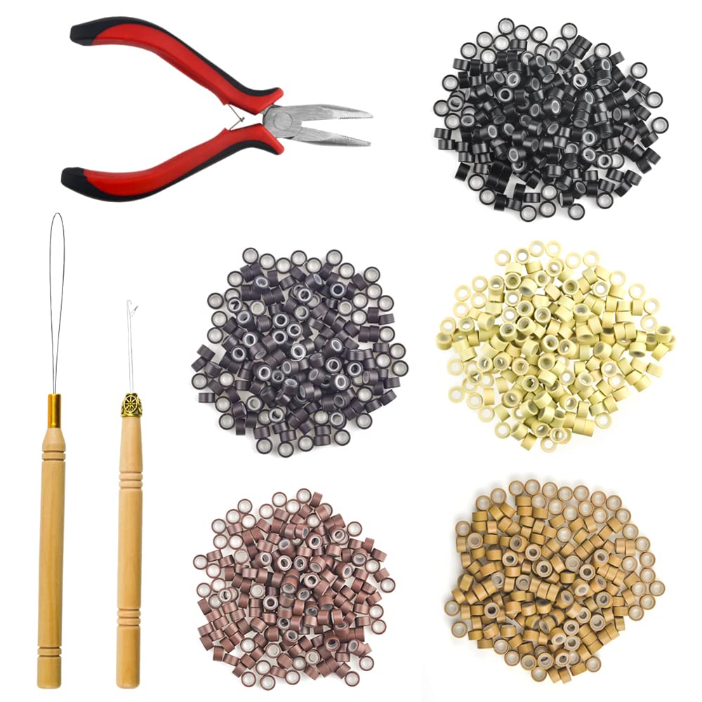 XINMEIWEN Hair Extension Kit Pulling Hook Bead Device Tool Kits and 1000 Pieces Silicone Lined Micro Rings for Professional Hair