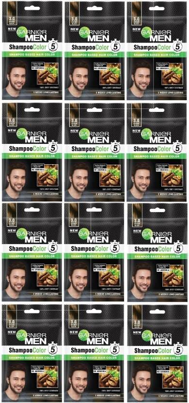 Garnier Men Shampoo Based Hair Color, Brown Black (3.0) (Pack Of 12), Brown Black