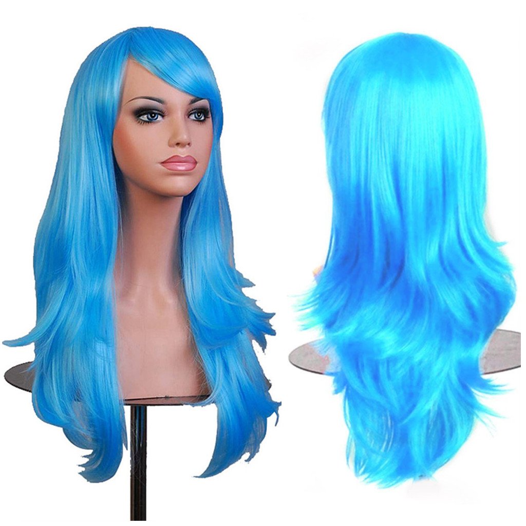 AneShe Wigs 28  Long Wavy Hair Heat Resistant Cosplay Wig for Women (Light Blue)